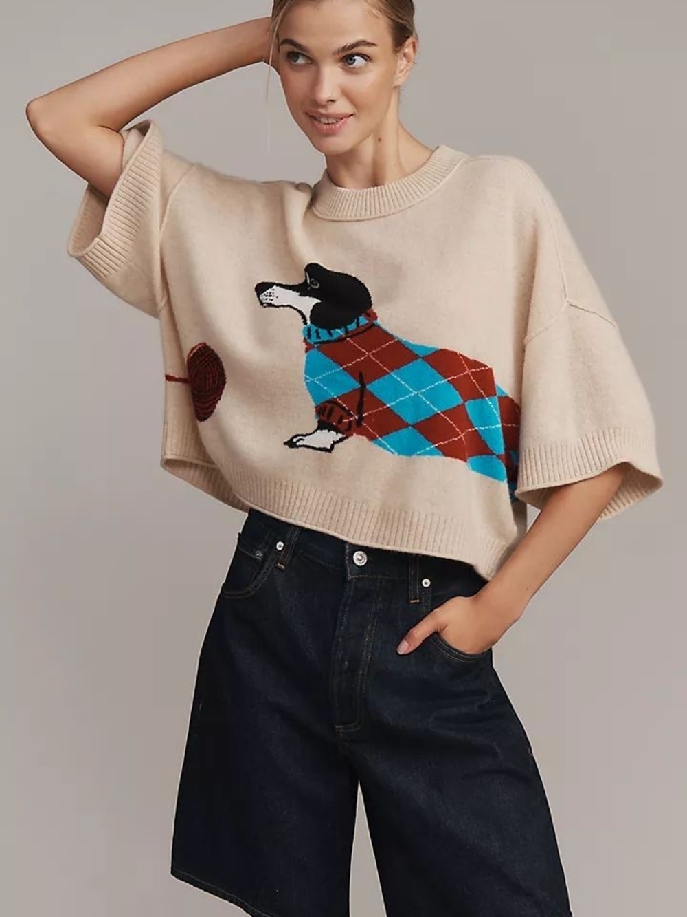 Anthropologie Cashmere Crewneck Sweater with Turquoise & Brown Argyle Dachshund